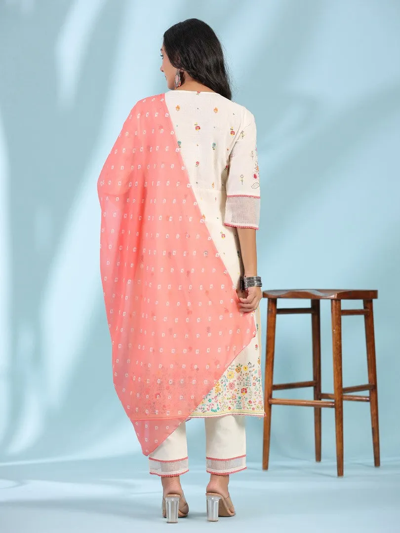 Women Off-White Cotton Cambric Floral Printed & Embroidered Alia Cut Kurta Set