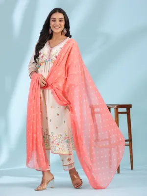 Women Off-White Cotton Cambric Floral Printed & Embroidered Alia Cut Kurta Set