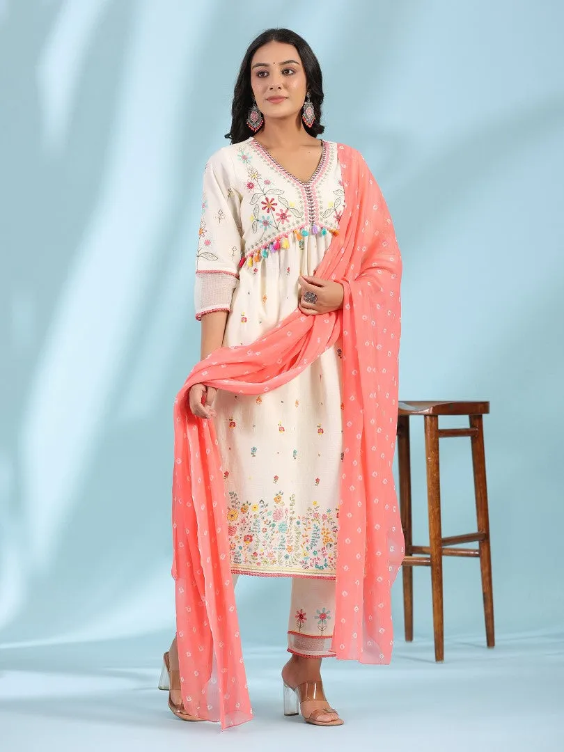 Women Off-White Cotton Cambric Floral Printed & Embroidered Alia Cut Kurta Set