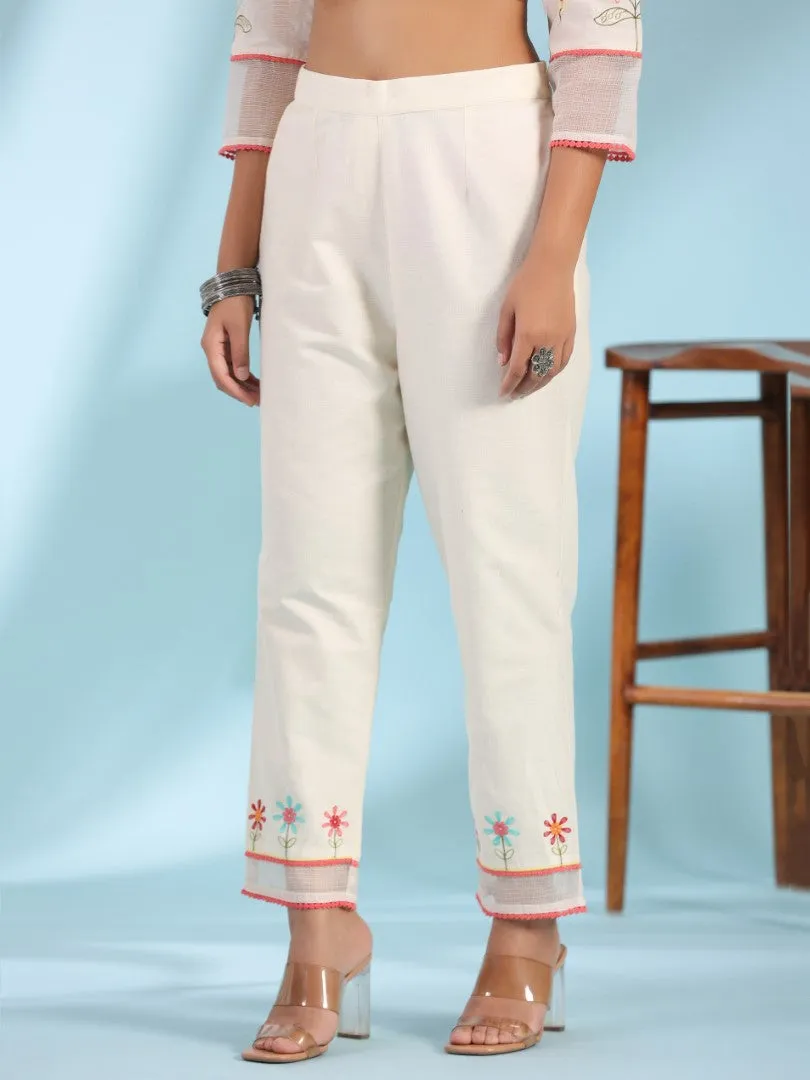 Women Off-White Cotton Cambric Floral Printed & Embroidered Alia Cut Kurta Set