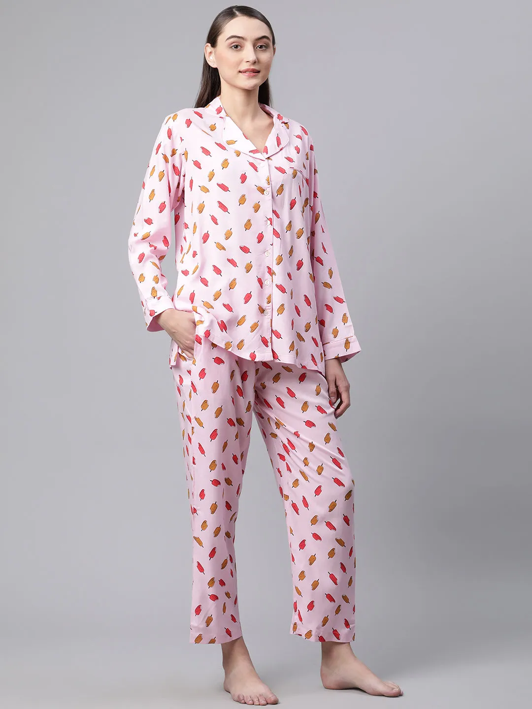 Women Pink Floral Print Rayon Night Suit