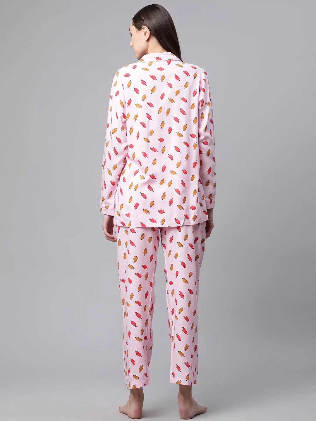 Women Pink Floral Print Rayon Night Suit