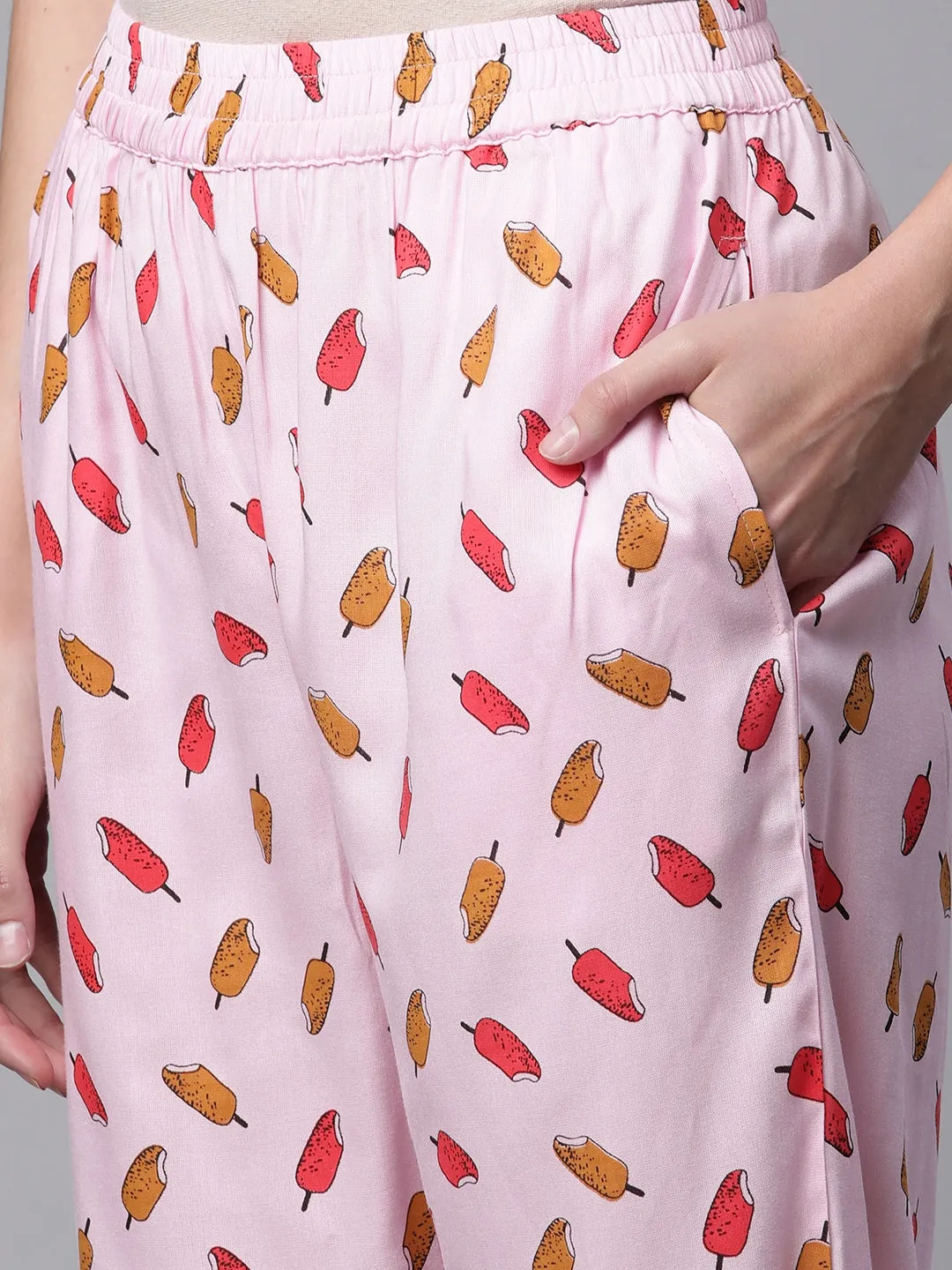 Women Pink Floral Print Rayon Night Suit