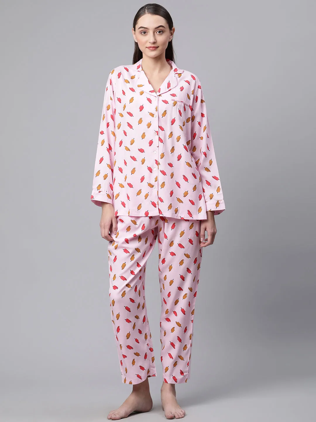 Women Pink Floral Print Rayon Night Suit