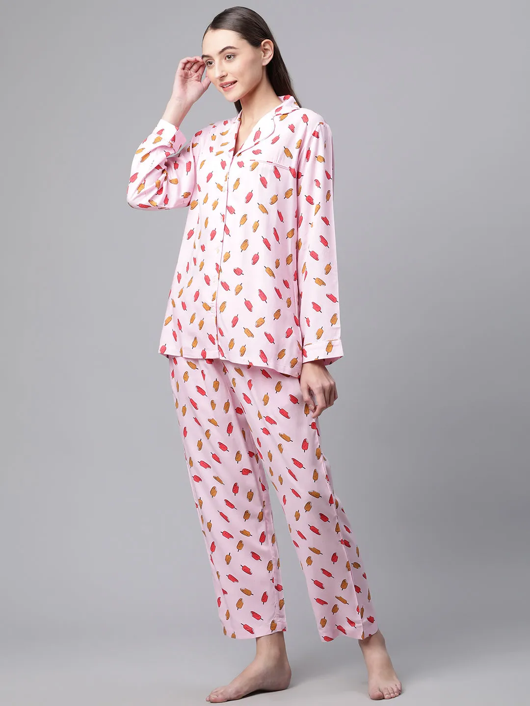 Women Pink Floral Print Rayon Night Suit