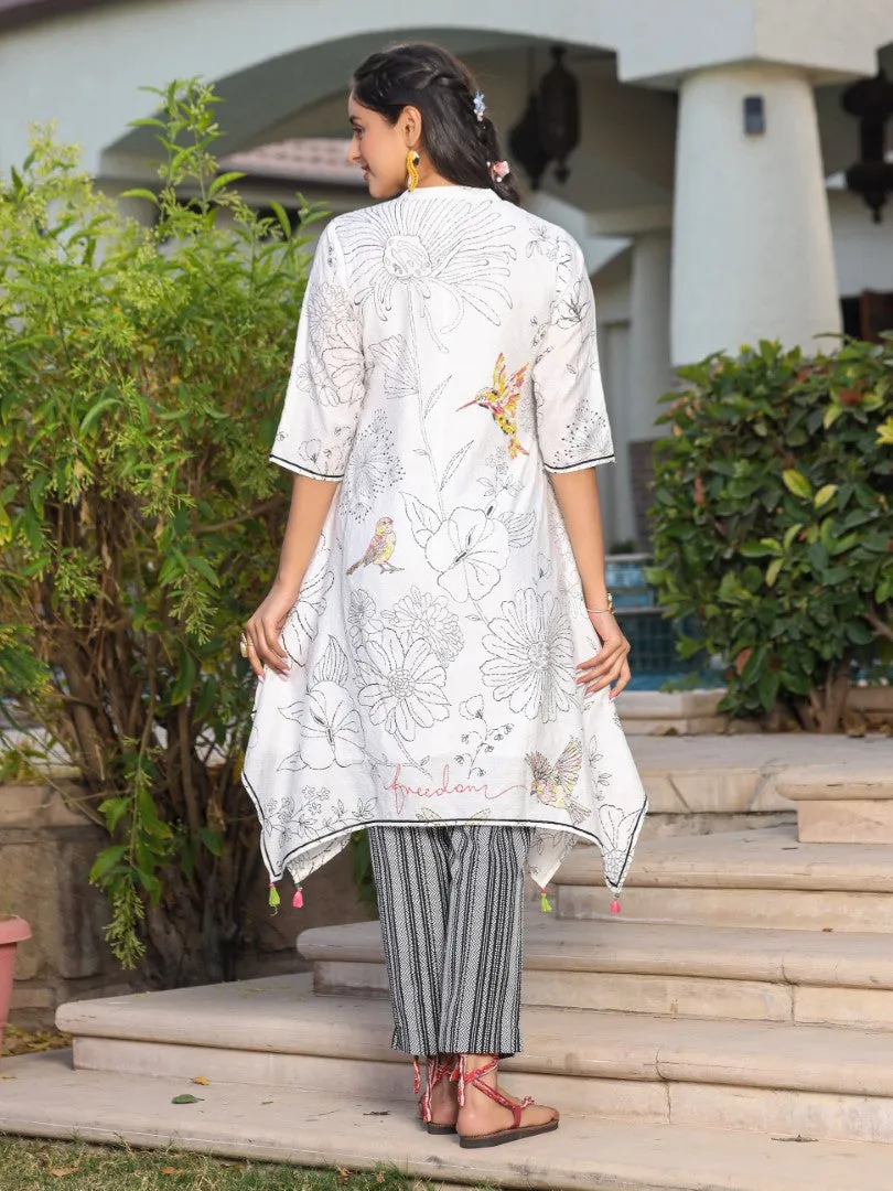 Women White Nylon Dobby Printed Kurta & Pants Set