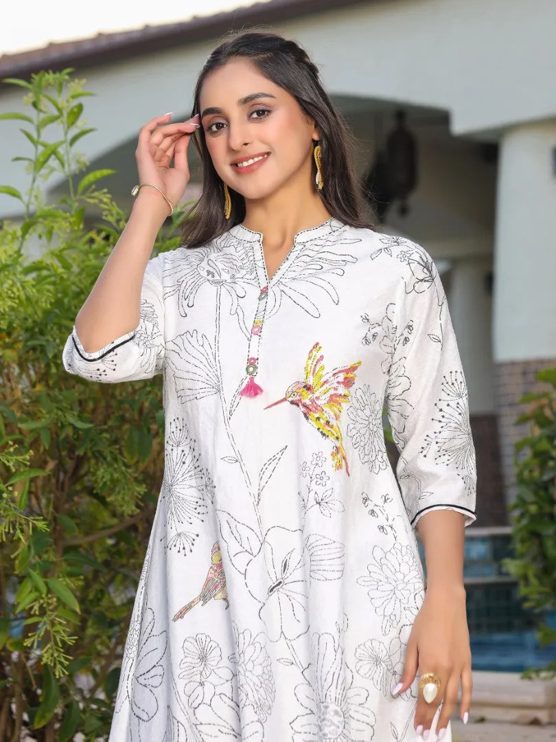 Women White Nylon Dobby Printed Kurta & Pants Set