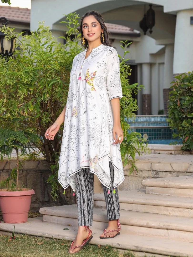 Women White Nylon Dobby Printed Kurta & Pants Set