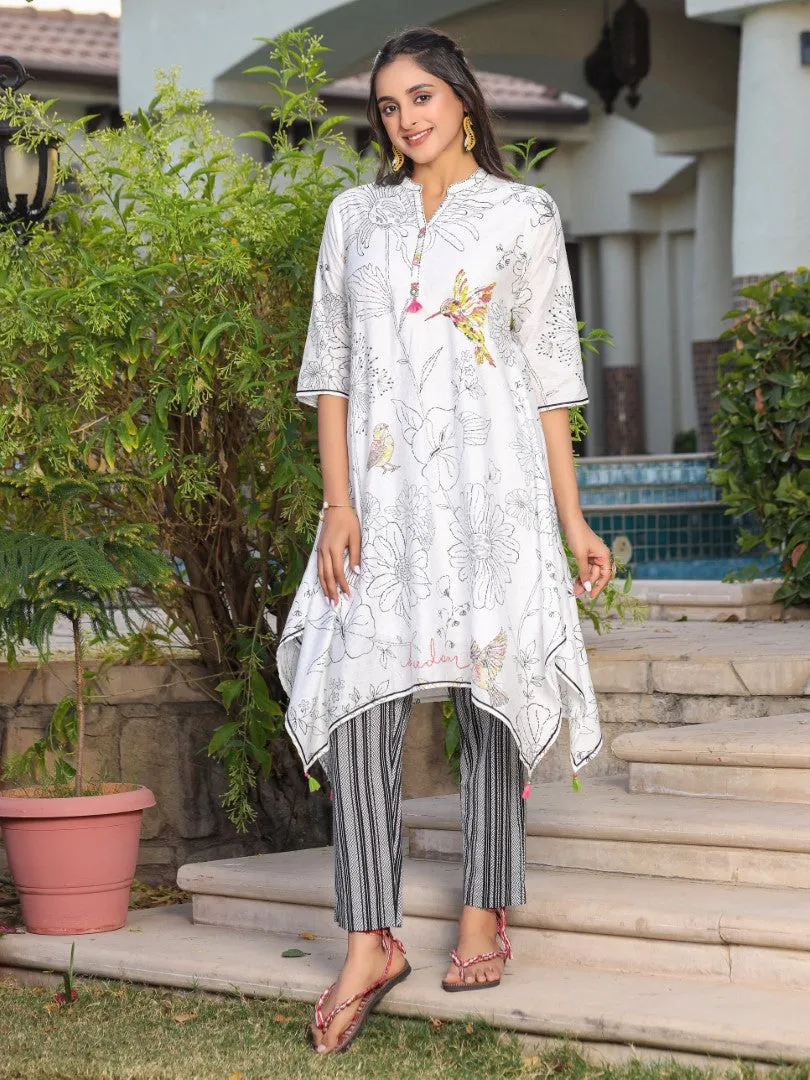 Women White Nylon Dobby Printed Kurta & Pants Set