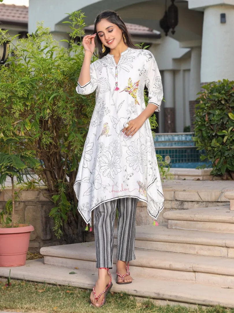 Women White Nylon Dobby Printed Kurta & Pants Set