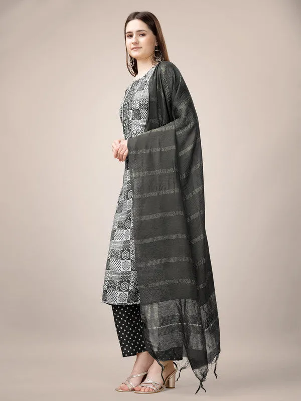 Womens Embroidered & Printed Black Rayon Kurta Pant Set