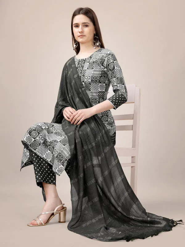 Womens Embroidered & Printed Black Rayon Kurta Pant Set