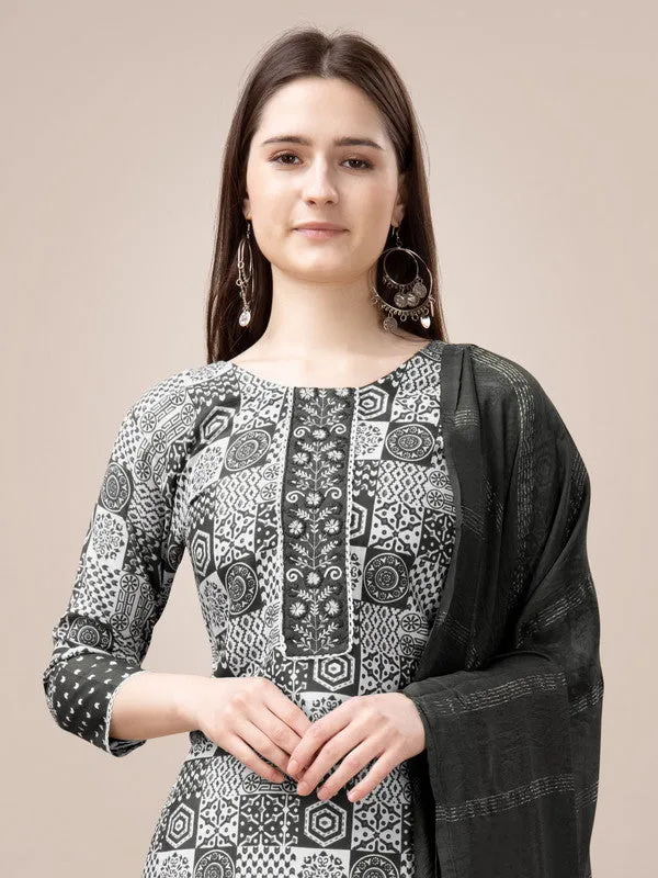 Womens Embroidered & Printed Black Rayon Kurta Pant Set