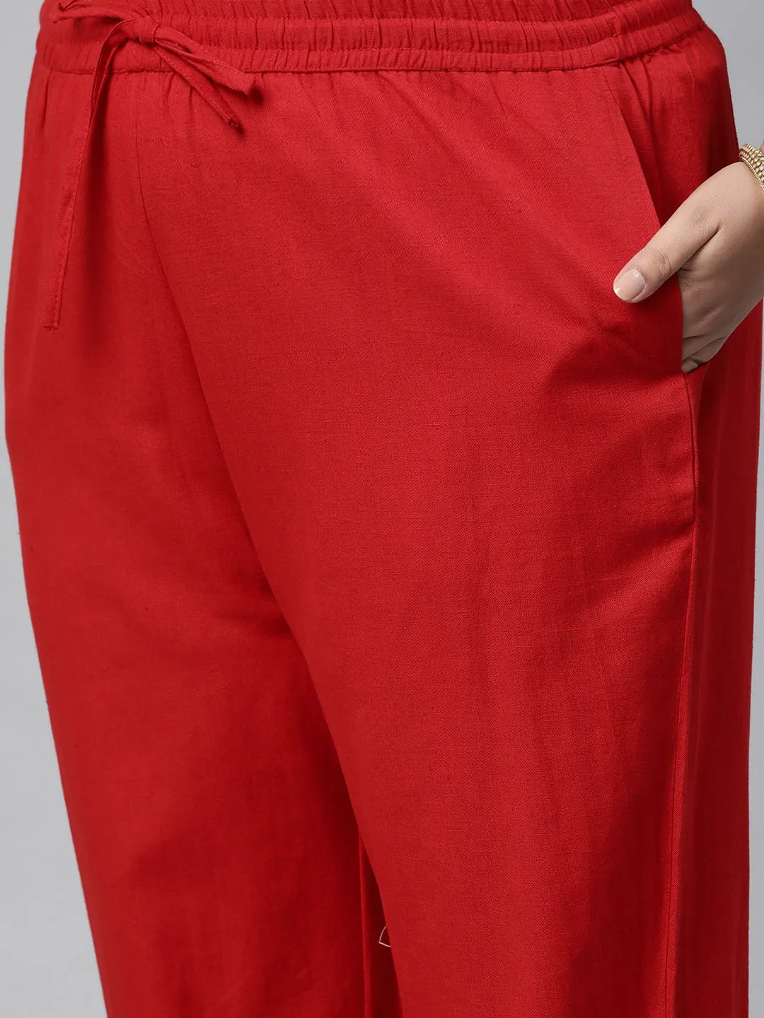 Women'S Red Lahariya Kurta With Cotton Flex Pant Set
