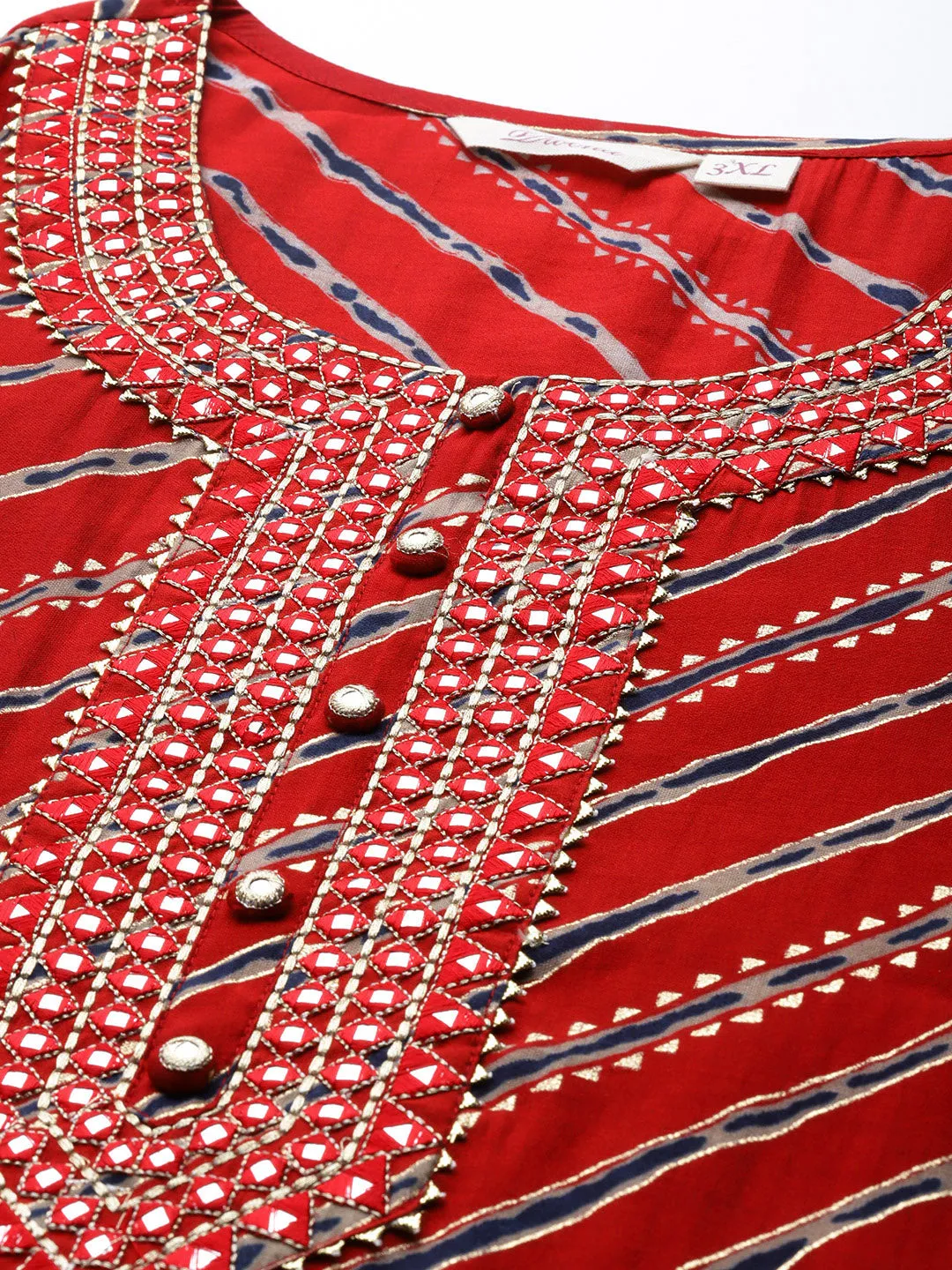 Women'S Red Lahariya Kurta With Cotton Flex Pant Set