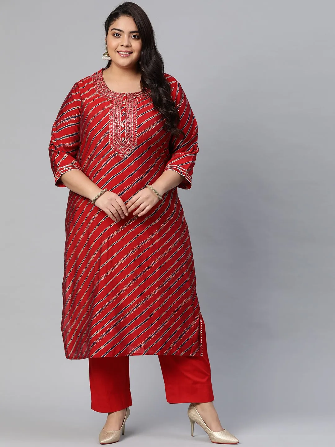 Women'S Red Lahariya Kurta With Cotton Flex Pant Set