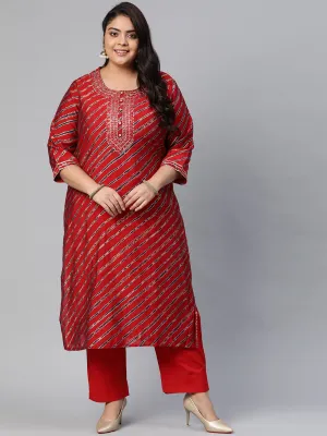 Women'S Red Lahariya Kurta With Cotton Flex Pant Set