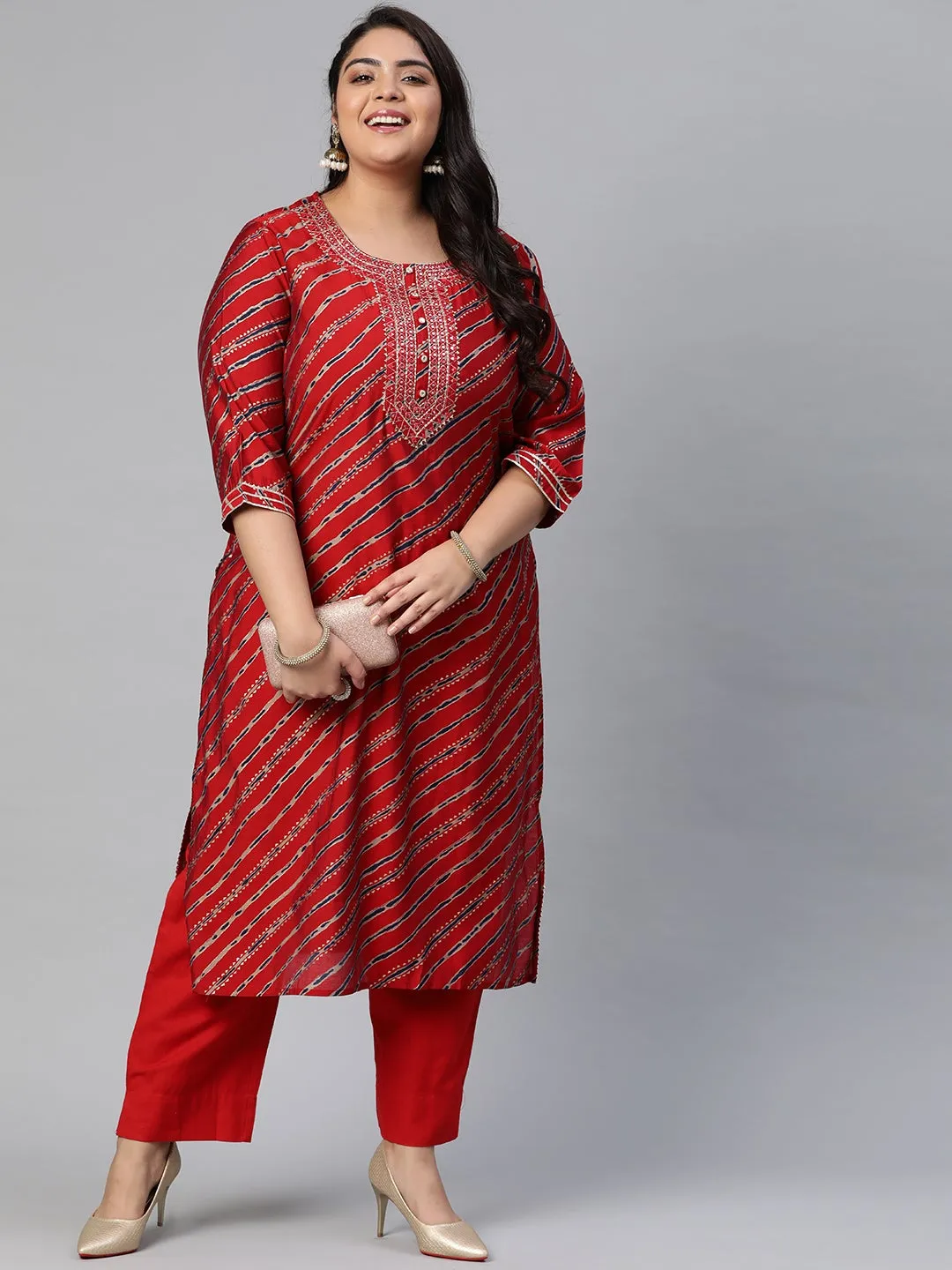 Women'S Red Lahariya Kurta With Cotton Flex Pant Set