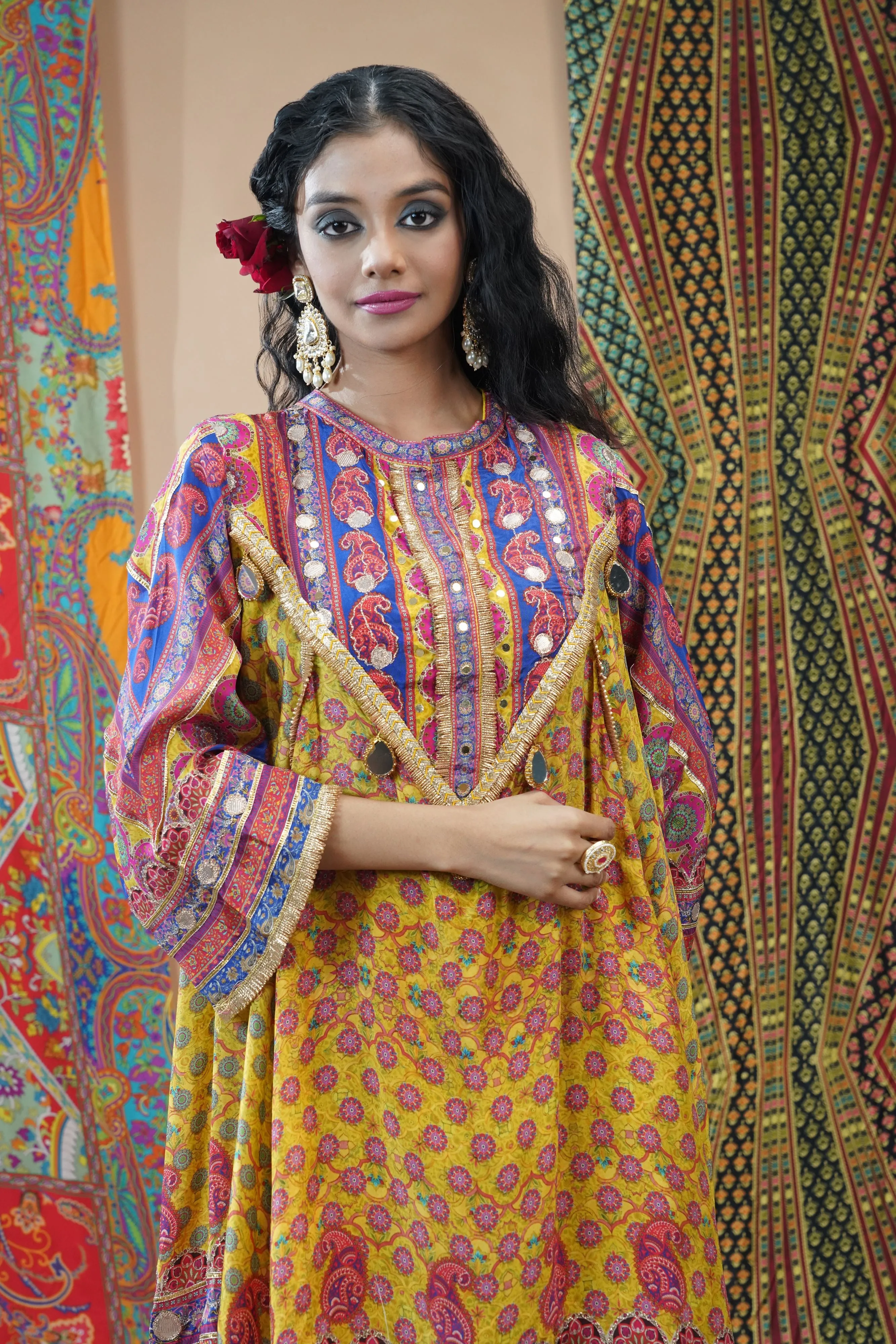 Yellow Ethnic Printed Crepe Silk Dhoti Set