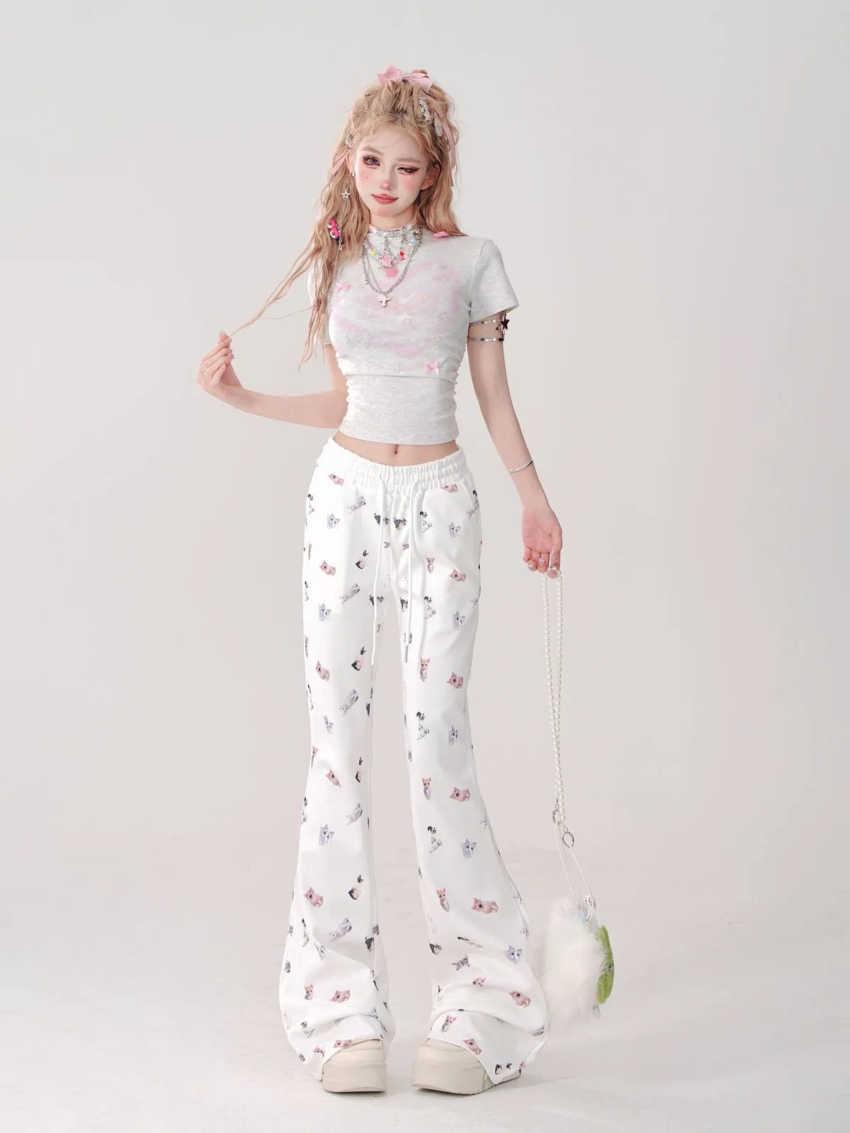 Young Eyes Cat White Cream Elastic Waist Gathered Long Pants